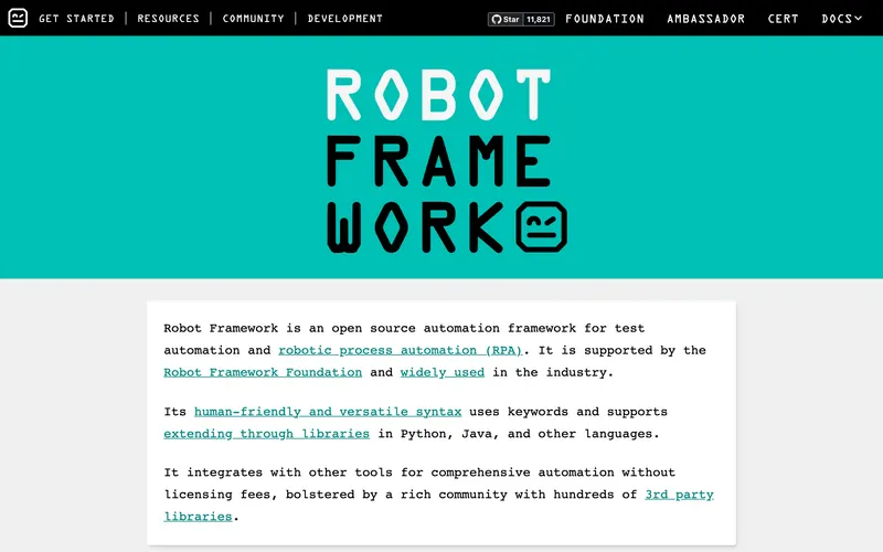 Screenshot of the Robot Framework homepage