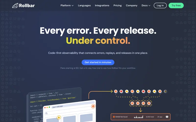 Screenshot of the Rollbar homepage