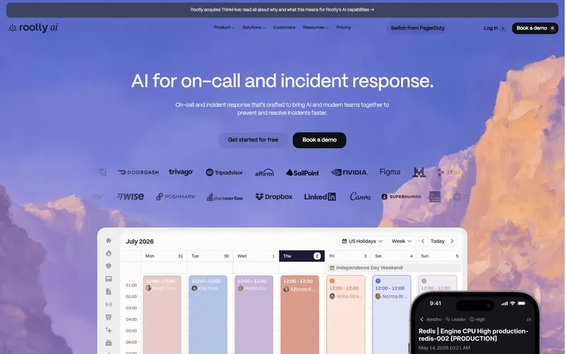 Screenshot of the Rootly homepage