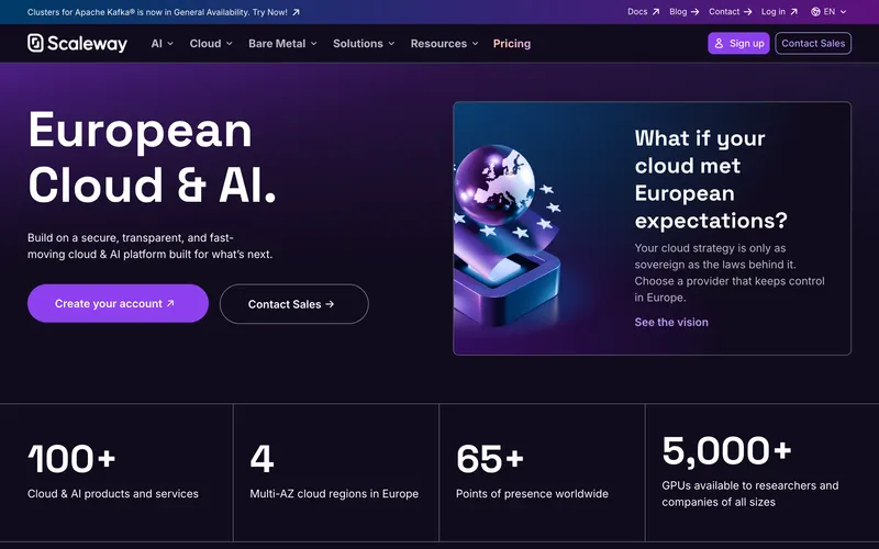 Screenshot of the Scaleway homepage