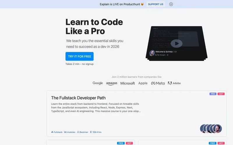 Screenshot of the Scrimba homepage