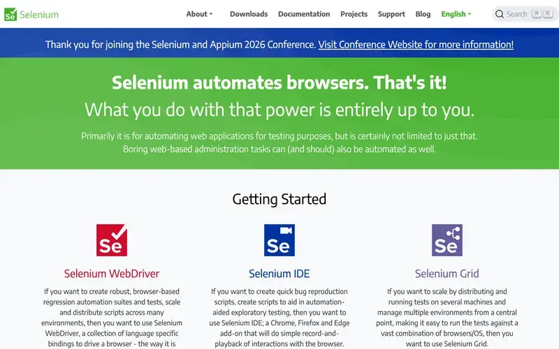 Screenshot of the Selenium homepage