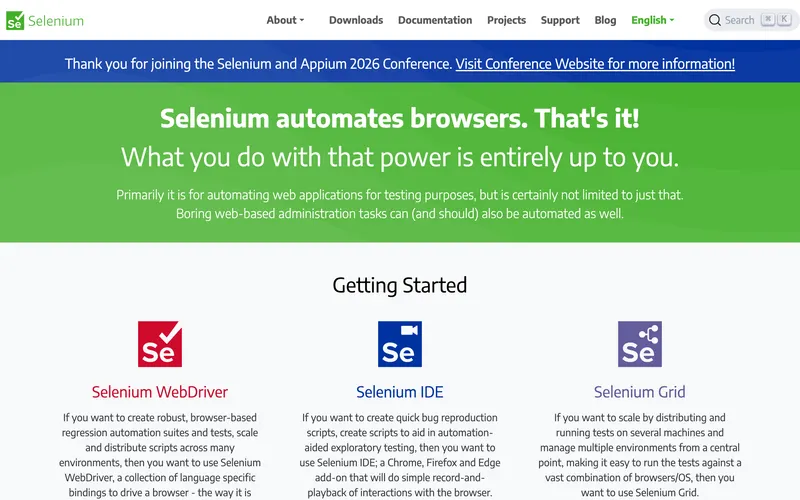 Screenshot of the Selenium homepage