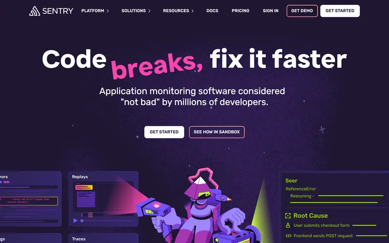 Screenshot of the Sentry homepage