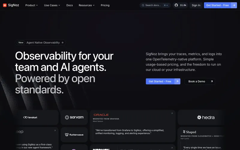 Screenshot of the SigNoz homepage