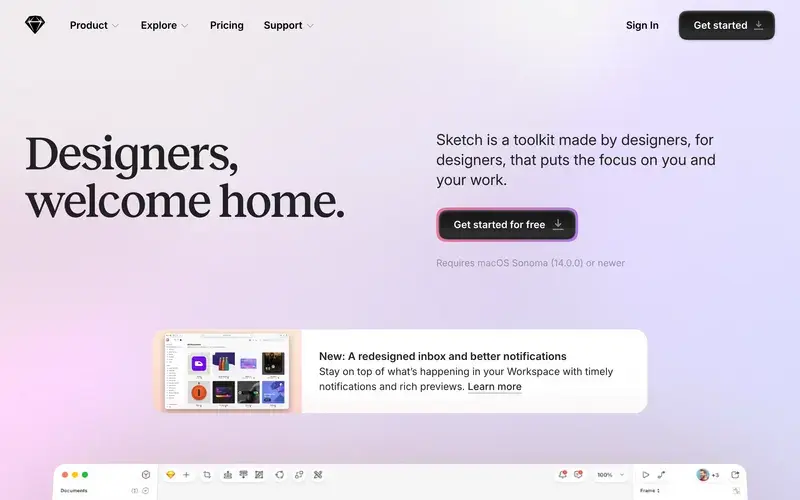 Screenshot of the Sketch homepage