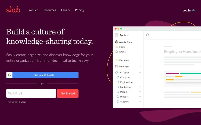 Screenshot of the Slab homepage