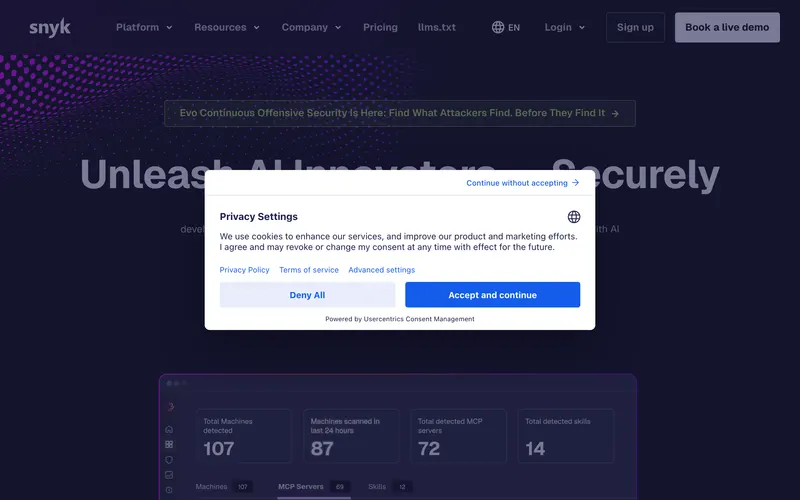 Screenshot of the Snyk homepage
