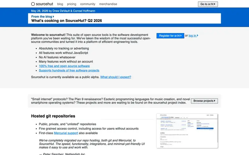 Screenshot of the SourceHut homepage