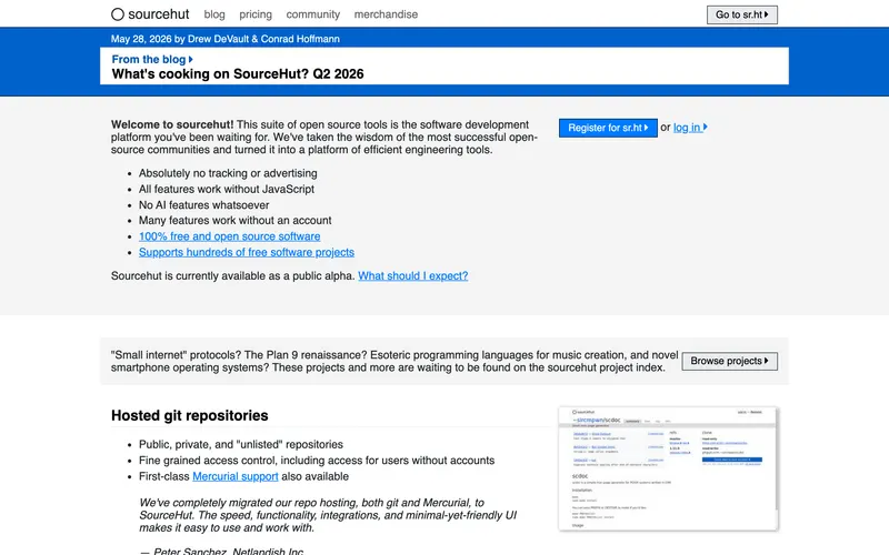 Screenshot of the SourceHut homepage