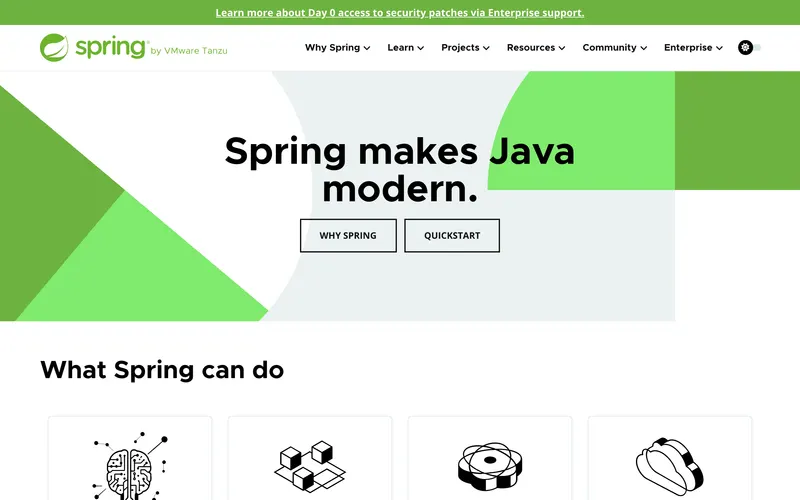 Screenshot of the Spring homepage