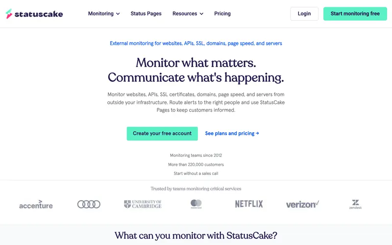 Screenshot of the StatusCake homepage