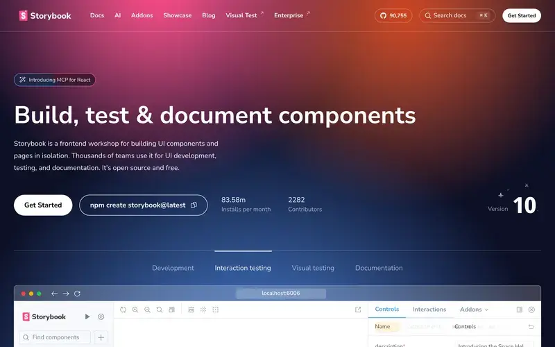 Screenshot of the Storybook homepage