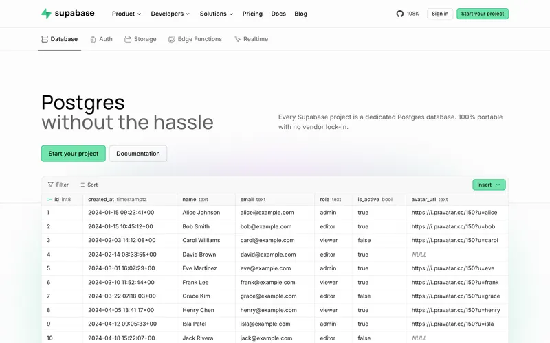 Screenshot of the Supabase Database homepage