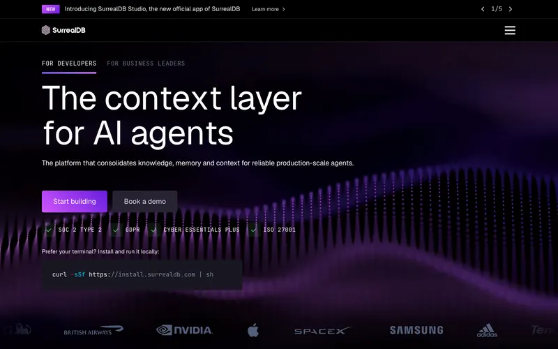 Screenshot of the SurrealDB homepage
