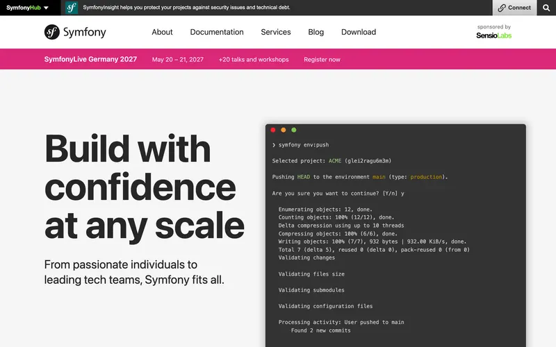 Screenshot of the Symfony homepage