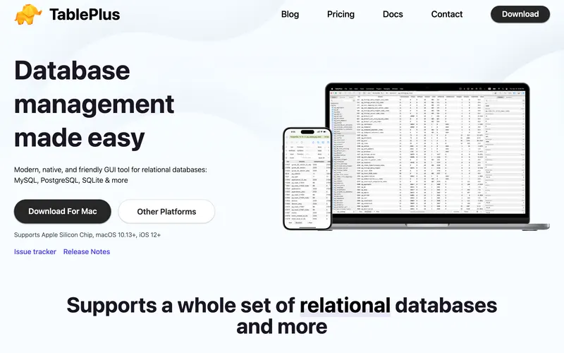 Screenshot of the TablePlus homepage
