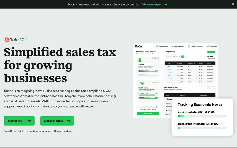 Screenshot of the TaxJar homepage