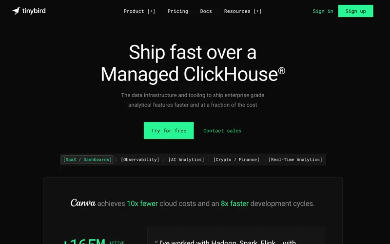 Screenshot of the Tinybird homepage