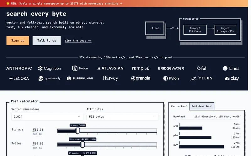 Screenshot of the turbopuffer homepage