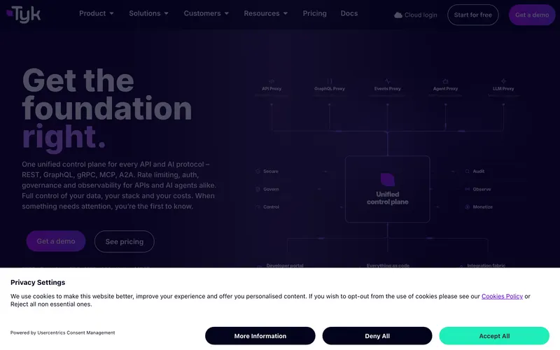 Screenshot of the Tyk homepage