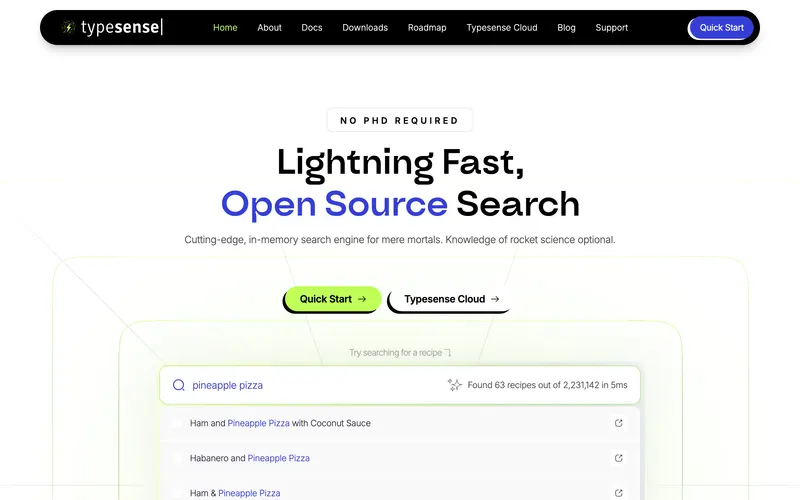 Screenshot of the Typesense homepage