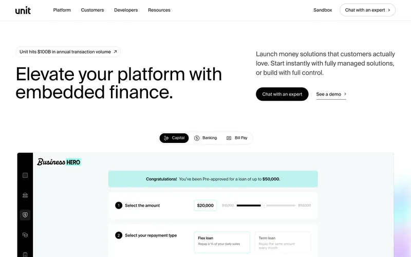 Screenshot of the Unit homepage