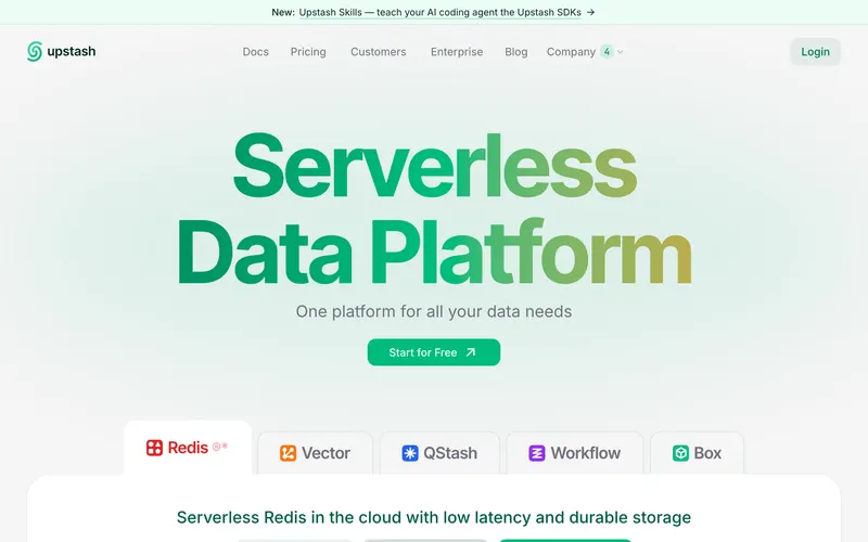 Screenshot of the Upstash homepage