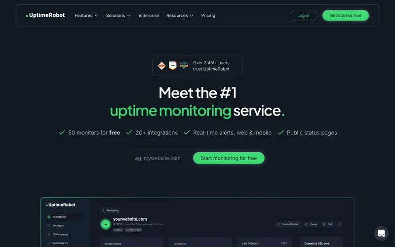 Screenshot of the UptimeRobot homepage