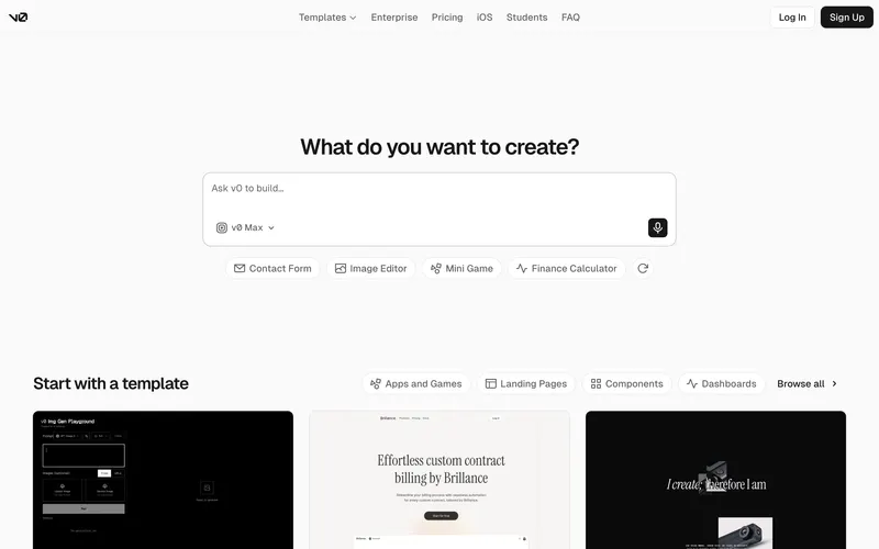 Screenshot of the v0 homepage
