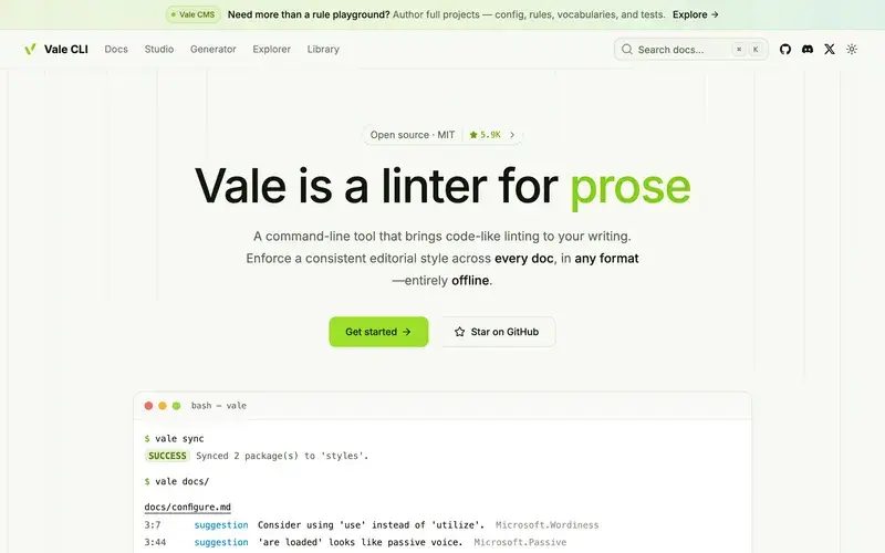 Screenshot of the Vale homepage