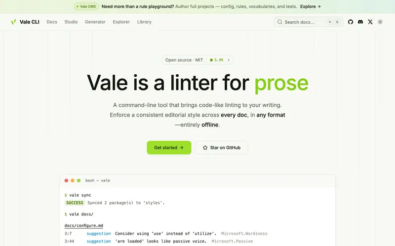 Screenshot of the Vale homepage
