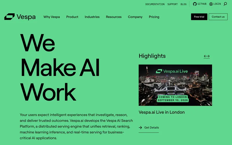 Screenshot of the Vespa homepage