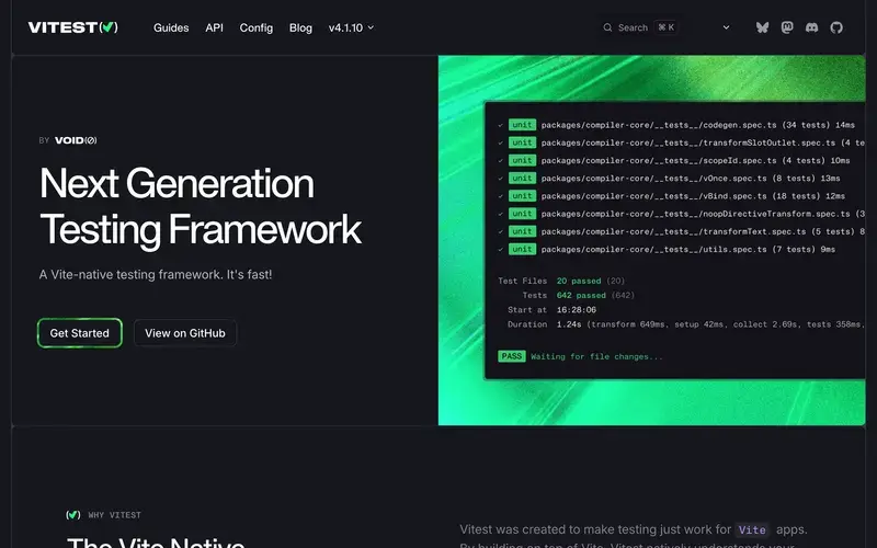 Screenshot of the Vitest homepage