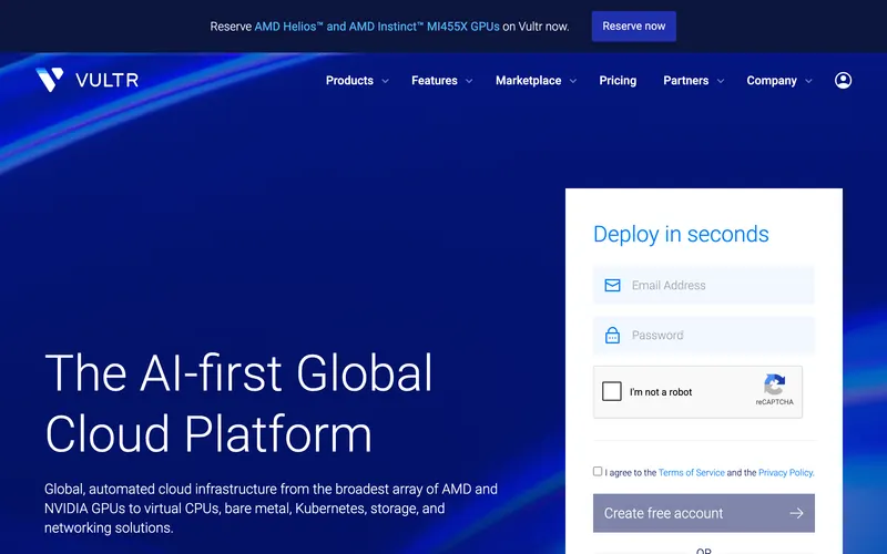 Screenshot of the Vultr homepage