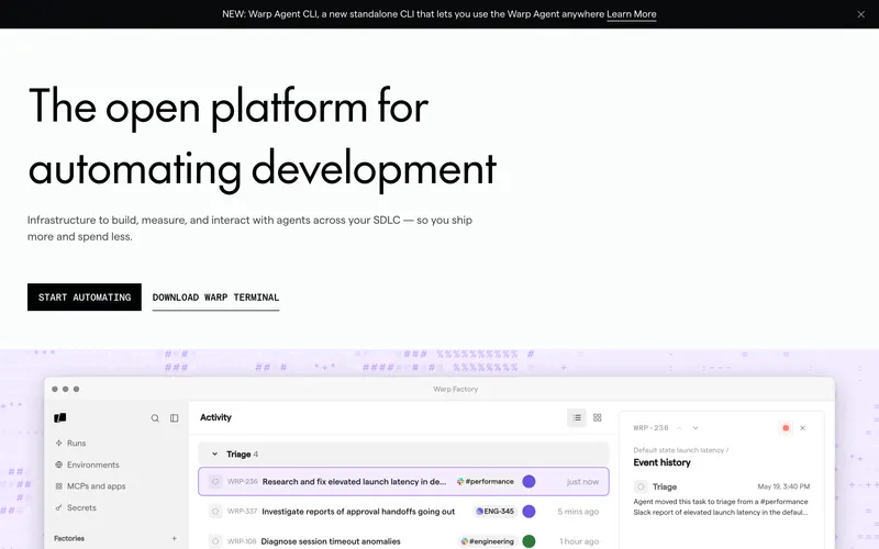Screenshot of the Warp homepage