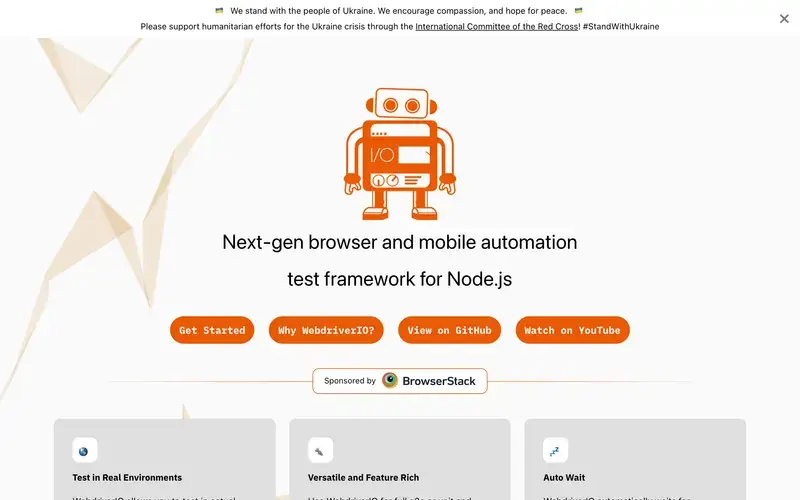 Screenshot of the WebdriverIO homepage