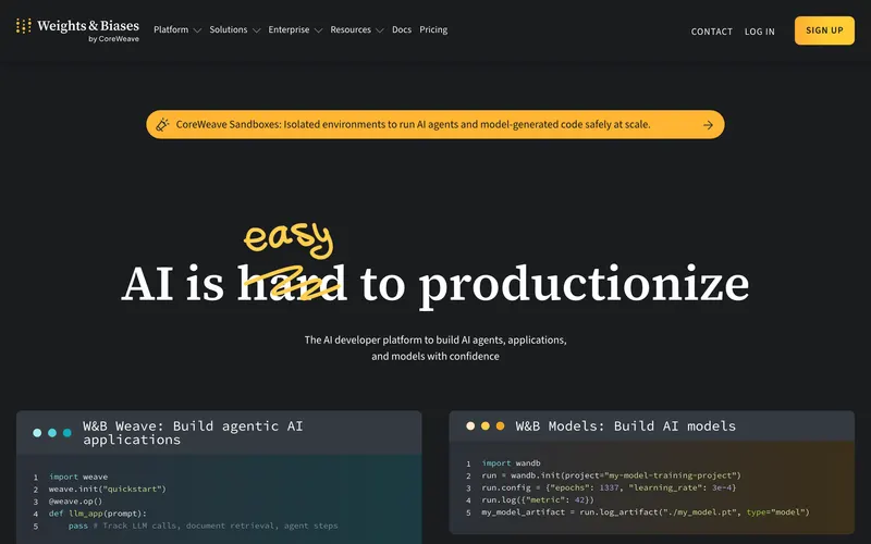 Screenshot of the Weights & Biases homepage