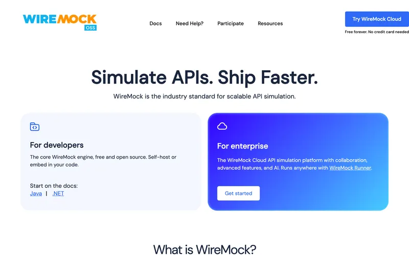 Screenshot of the WireMock homepage