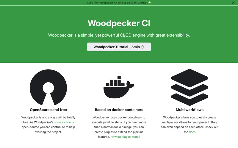 Screenshot of the Woodpecker CI homepage