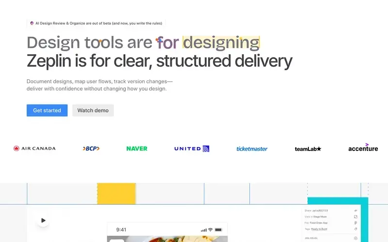 Screenshot of the Zeplin homepage