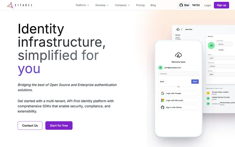 Screenshot of the Zitadel homepage